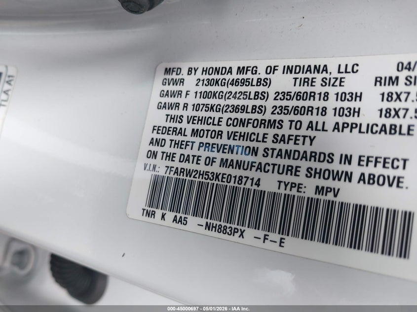 2019 Honda Cr-v VIN 7FARW2H53KE018714 IAAI salvage auction — FRONT & REAR, Salvage Title, sold $6,900 on 2026-07-16 (photo 9)