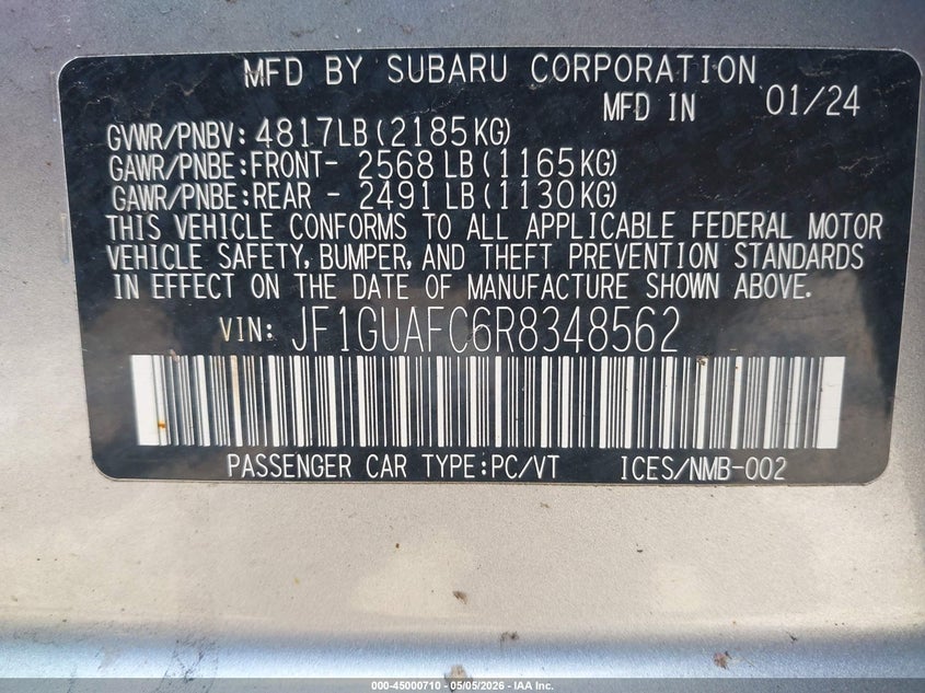 2024 Subaru Impreza VIN JF1GUAFC6R8348562 IAAI salvage auction — FRONT END, Salvage (Massachusetts), sold $875 on 2026-07-09 (photo 9)