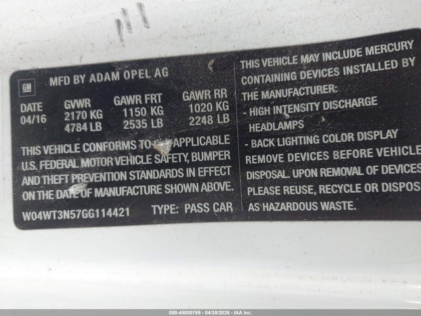 2016 Buick Cascada VIN W04WT3N57GG114421 IAAI salvage auction — FRONT & REAR, Salvage (Georgia), sold $650 on 2026-07-15 (photo 9)