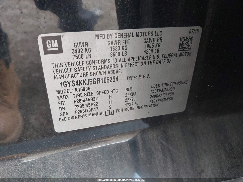 2016 Cadillac Escalade VIN 1GYS4KKJ5GR106264 IAAI salvage auction — REAR END, Clear (Indiana), sold $9,200 on 2026-07-29 (photo 9)