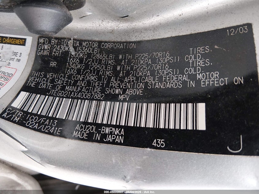2004 Toyota Highlander VIN JTEGD21AX40087882 IAAI salvage auction — LEFT SIDE, Salvage (Texas), sold $275 on 2026-07-14 (photo 9)