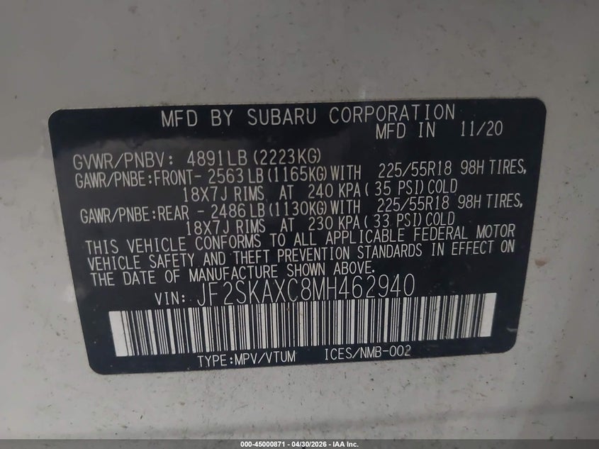 2021 Subaru Forester VIN JF2SKAXC8MH462940 IAAI salvage auction — REAR END, Original (Texas), sold $2,750 on 2026-07-28 (photo 9)