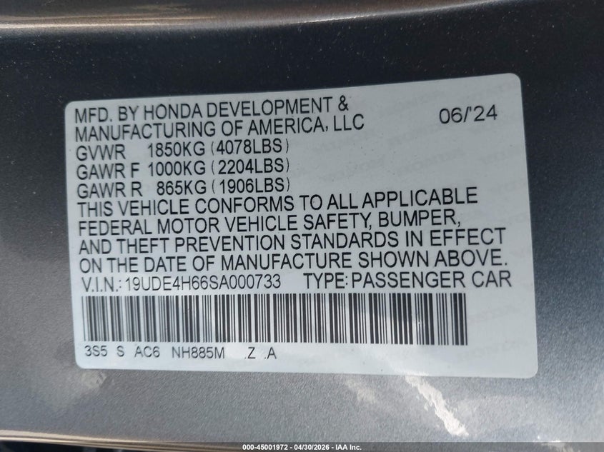 2025 Acura Integra VIN 19UDE4H66SA000733 IAAI salvage auction — FRONT END, Salvage (California), sold $9,050 on 2026-07-15 (photo 9)