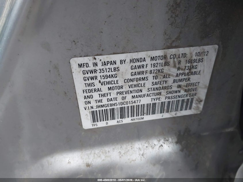 2013 Honda Fit VIN JHMGE8H51DC015477 IAAI salvage auction — LEFT FRONT, Salvage (Ohio), sold $725 on 2026-07-21 (photo 9)