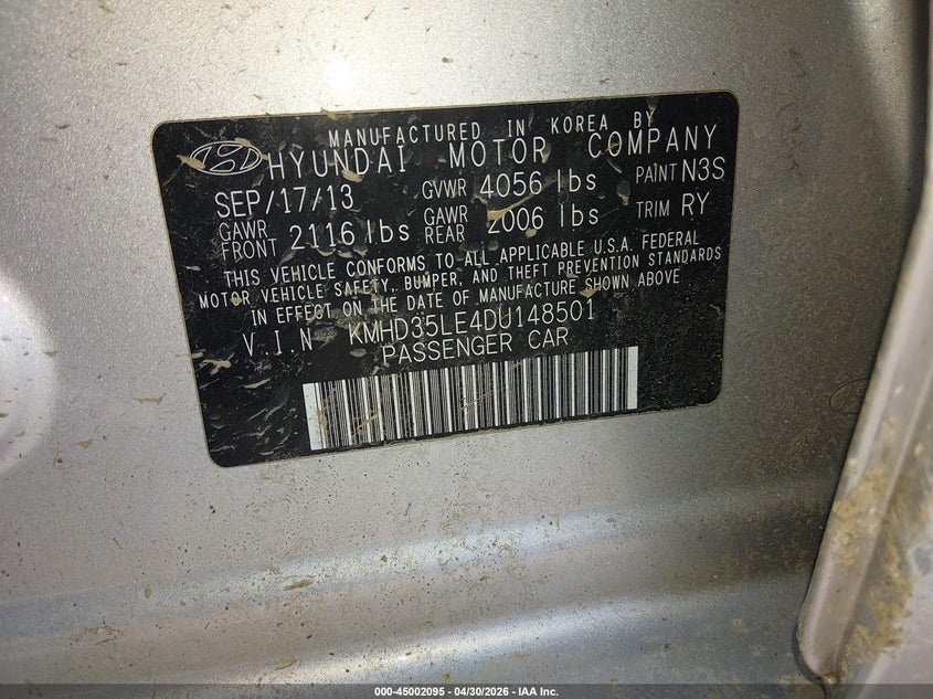 2013 Hyundai Elantra VIN KMHD35LE4DU148501 IAAI salvage auction — REAR END, Wait Title, sold $550 on 2026-07-20 (photo 9)