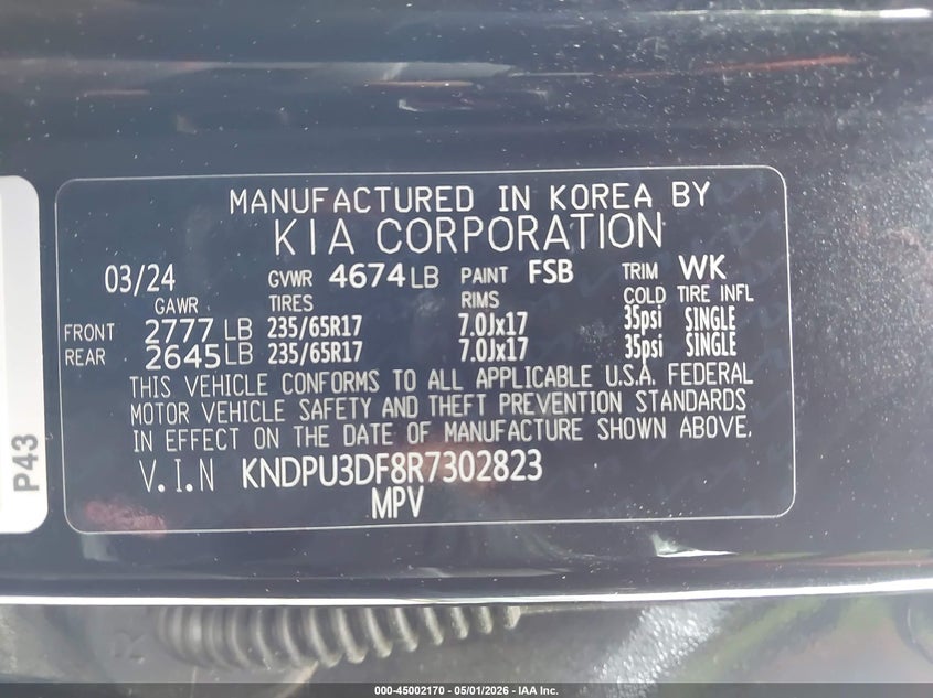 2024 Kia Sportage VIN KNDPU3DF8R7302823 IAAI salvage auction — FRONT END, Wait Title, sold $5,650 on 2026-07-17 (photo 9)