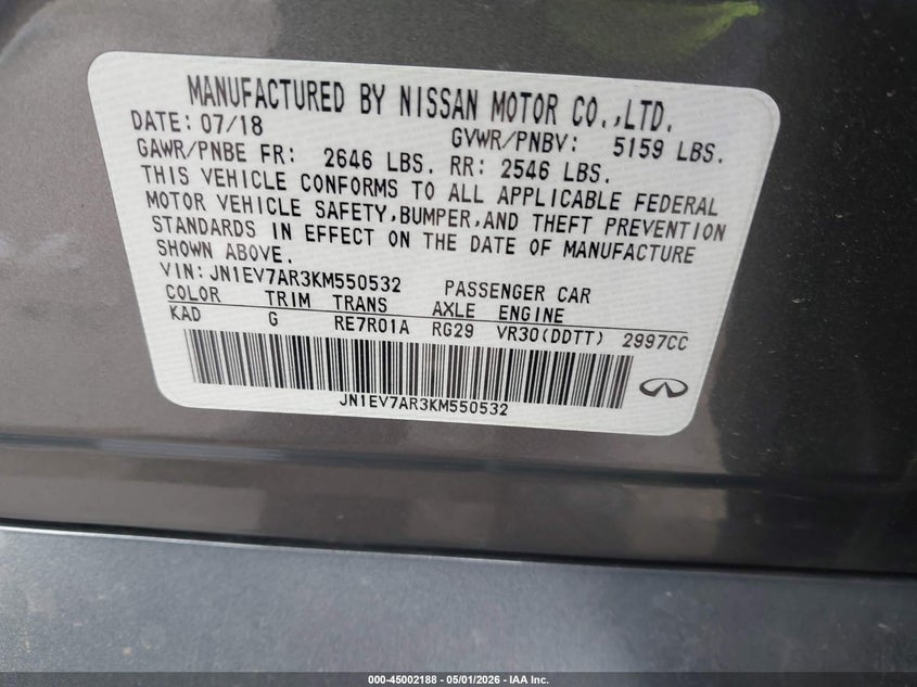 2019 Infiniti Q50 VIN JN1EV7AR3KM550532 IAAI salvage auction — SUSPENSION, Salvage (Illinois), sold $2,850 on 2026-07-28 (photo 9)