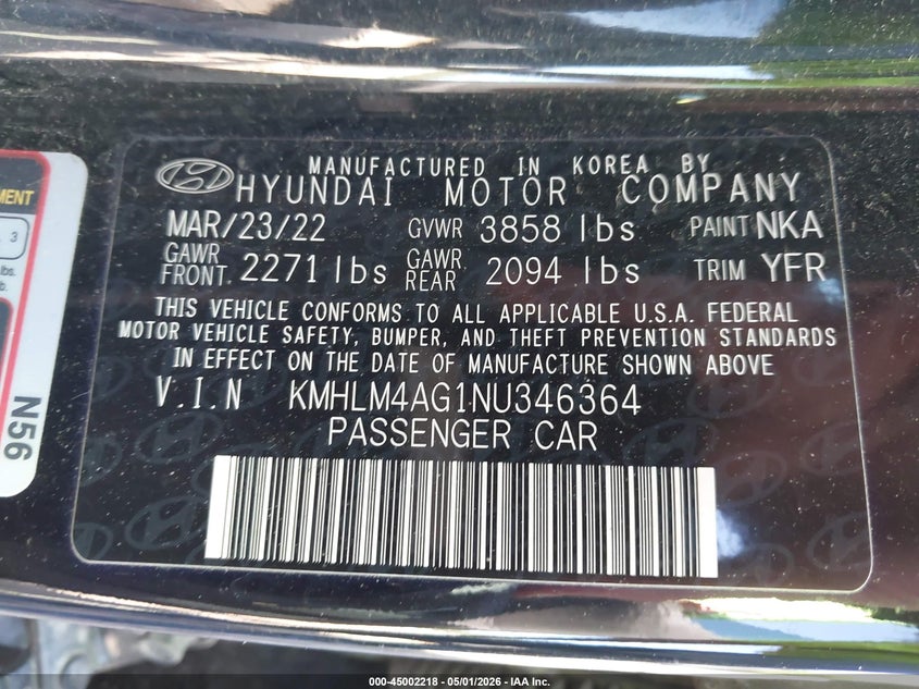 2022 Hyundai Elantra VIN KMHLM4AG1NU346364 IAAI salvage auction — LEFT REAR, Salvage (Tennessee), sold $2,750 on 2026-07-08 (photo 9)