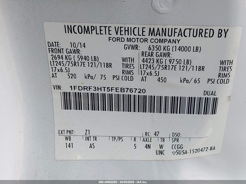 2015 Ford F350 VIN 1FDRF3HT5FEB76720 IAAI salvage auction — FRONT END, Salvage (Georgia), sold $8,800 on 2026-07-09 (photo 9)