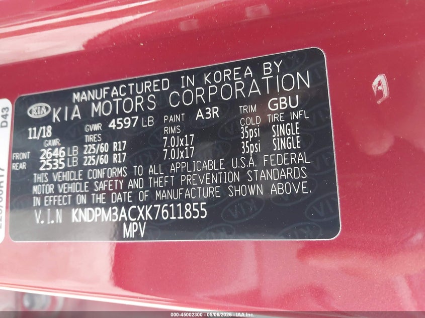2019 Kia Sportage VIN KNDPM3ACXK7611855 IAAI salvage auction — WATER/FLOOD, Salvage (Texas), sold $2,350 on 2026-07-21 (photo 9)