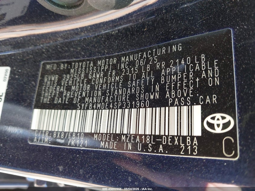 2025 Toyota Corolla VIN 5YFB4MDE4SP331960 IAAI salvage auction — LEFT SIDE, Salvage (Massachusetts), sold $5,400 on 2026-07-21 (photo 9)