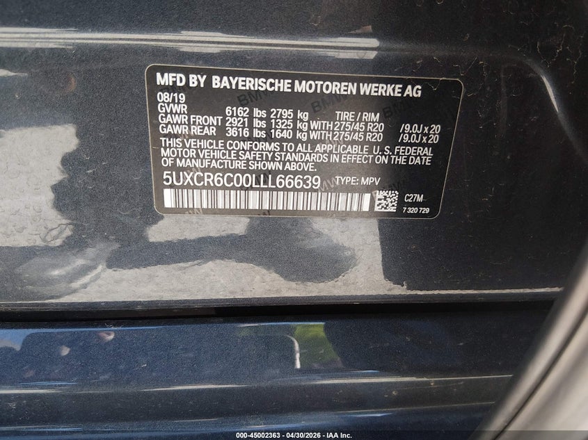 2020 BMW X5 VIN 5UXCR6C00LLL66639 IAAI salvage auction — LEFT FRONT, Salvage (Illinois), sold $20,000 on 2026-07-25 (photo 9)