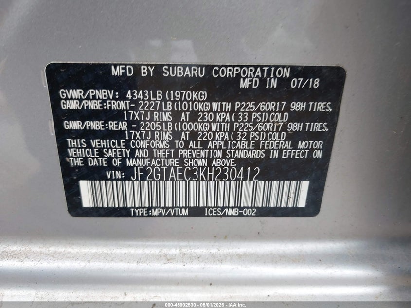2019 Subaru Xv VIN JF2GTAEC3KH230412 IAAI salvage auction — FRONT END, Mv-907A (New York), sold $1,950 on 2026-07-15 (photo 9)