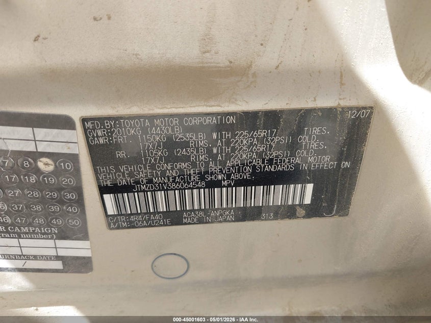 2008 Toyota Rav4 VIN JTMZD31V386064548 IAAI salvage auction — LEFT FRONT, Clear (Montana), sold $925 on 2026-07-08 (photo 9)