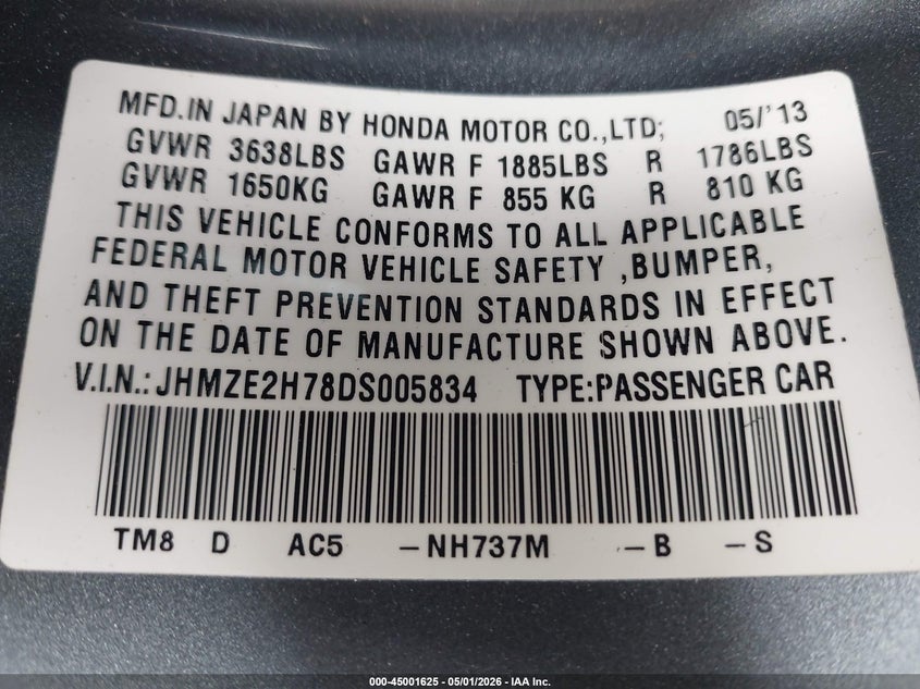2013 Honda Insight VIN JHMZE2H78DS005834 IAAI salvage auction — FRONT END, Salvage (South Carolina), sold $275 on 2026-07-07 (photo 9)