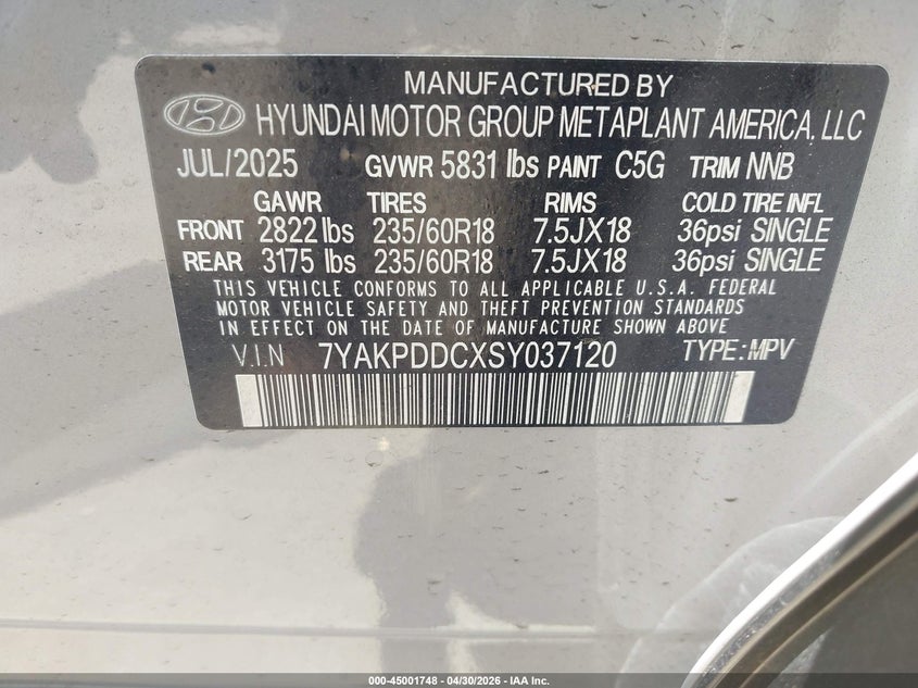 2025 Hyundai Ioniq 5 VIN 7YAKPDDCXSY037120 IAAI salvage auction — FRONT END, Salvage (California), sold $7,225 on 2026-07-09 (photo 9)