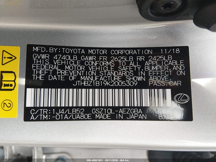 2019 Lexus ES VIN JTHBZ1B19K2005309 IAAI salvage auction — LEFT REAR, Salvage (Rhode Island), sold $15,200 on 2026-07-07 (photo 9)