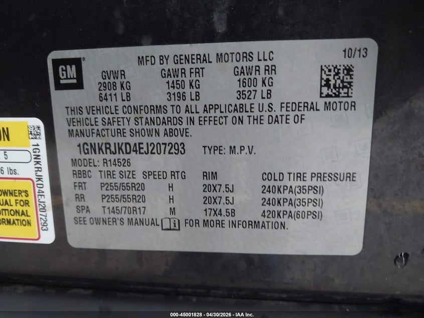 2014 Chevrolet Traverse VIN 1GNKRJKD4EJ207293 IAAI salvage auction — NORMAL WEAR, Clear (Montana), sold $2,050 on 2026-07-09 (photo 9)