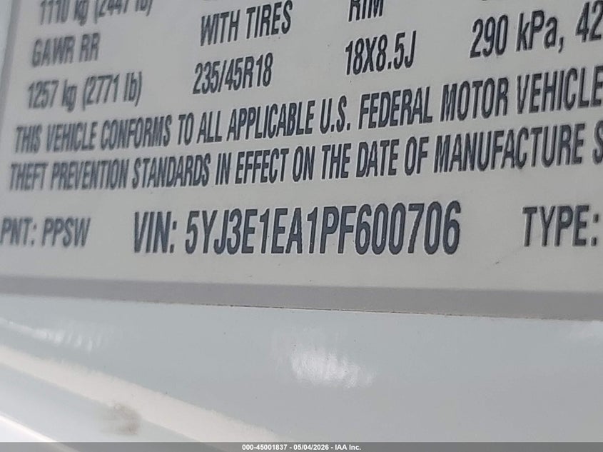 2023 Tesla Model 3 VIN 5YJ3E1EA1PF600706 IAAI salvage auction — REAR END, Original (Texas), sold $7,600 on 2026-07-23 (photo 9)