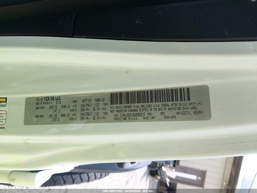 2019 Jeep Wrangler / VIN 1C4HJXDN1KW592815 IAAI salvage auction — FRONT & REAR, Salvage (Kentucky), sold $3,850 on 2026-07-10 (photo 9)