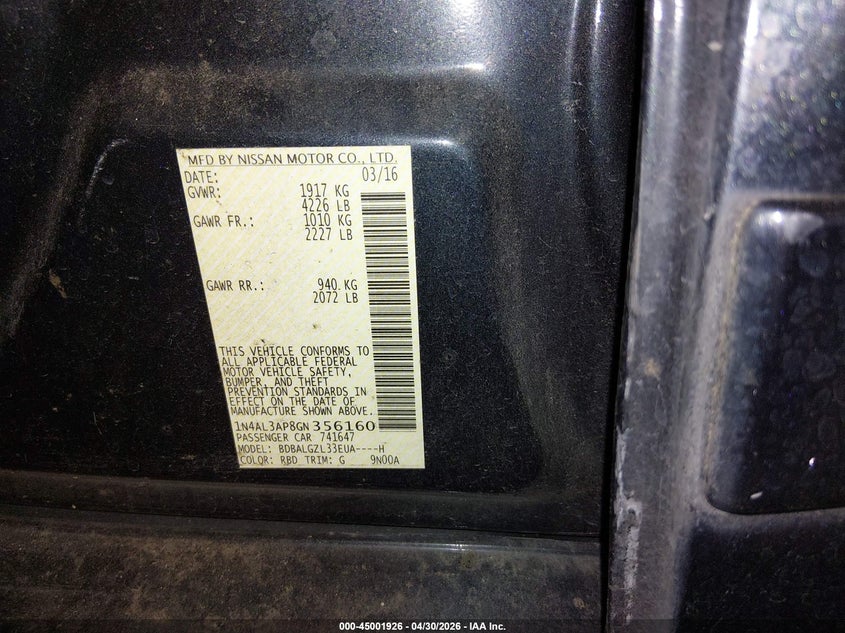 2016 Nissan Altima VIN 1N4AL3AP8GN356160 IAAI salvage auction — LEFT SIDE, Salvage (Oregon), sold $1,050 on 2026-07-09 (photo 9)