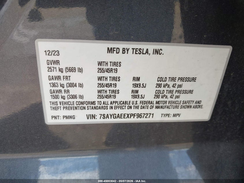 2023 Tesla Model y VIN 7SAYGAEEXPF967271 IAAI salvage auction — FRONT END, Salvage (Idaho), sold $14,300 on 2026-07-15 (photo 9)