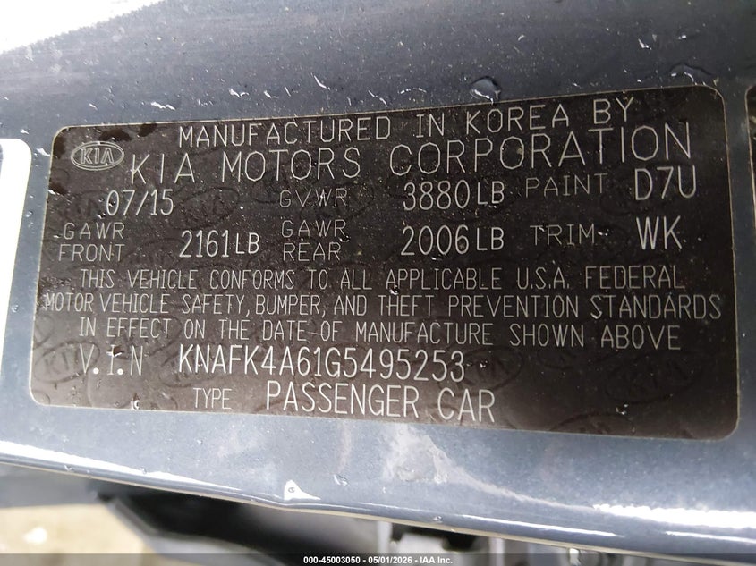 2016 Kia Forte VIN KNAFK4A61G5495253 IAAI salvage auction — LEFT & RIGHT, Salvage (Texas), sold $800 on 2026-07-28 (photo 9)