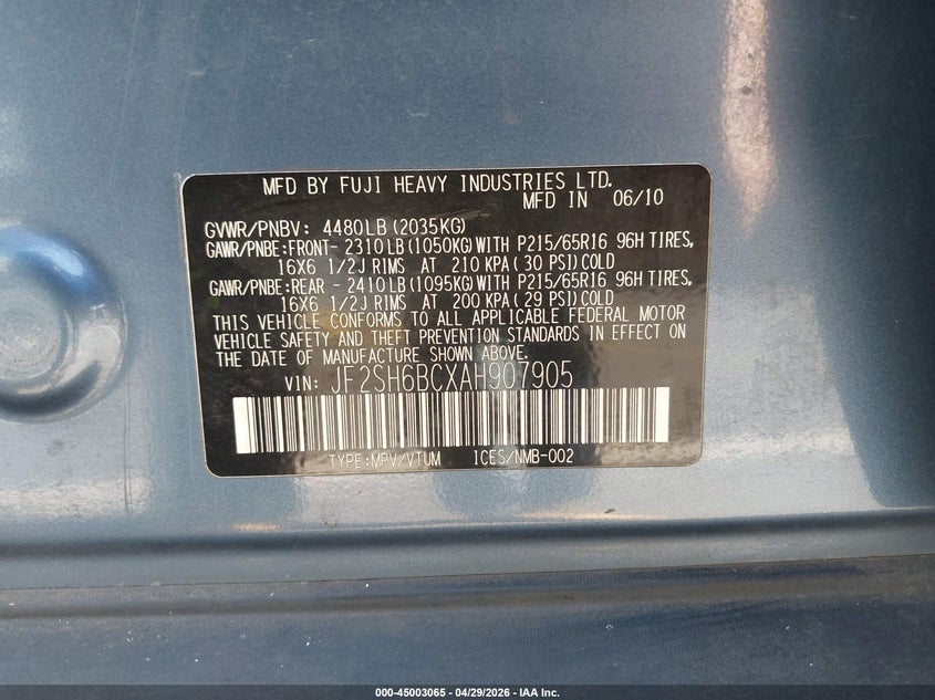 2010 Subaru Forester VIN JF2SH6BCXAH907905 IAAI salvage auction — REAR END, Clear (Oregon), sold $675 on 2026-07-14 (photo 9)