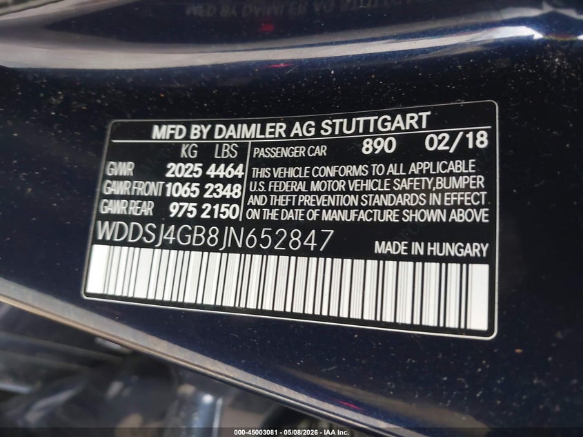 2018 Mercedes-benz Cla-klasse VIN WDDSJ4GB8JN652847 IAAI salvage auction — SUSPENSION, Salvage (Texas), sold $4,250 on 2026-08-12 (photo 9)