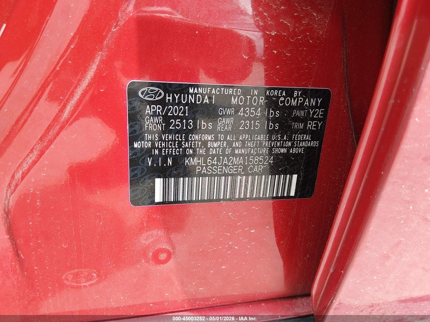 2021 Hyundai Sonata VIN KMHL64JA2MA158524 IAAI salvage auction — LEFT FRONT, Salvage (Kansas), sold $3,475 on 2026-07-31 (photo 9)