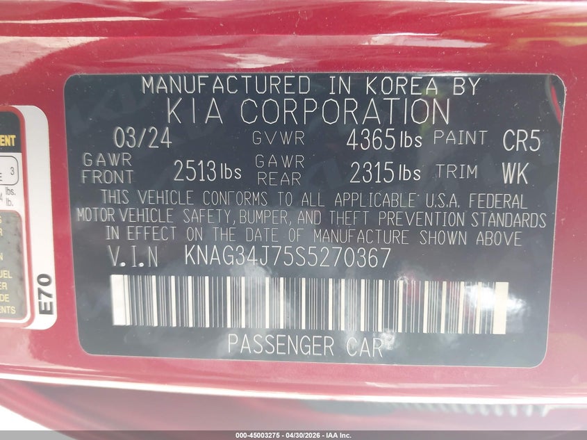 2025 Kia K5 VIN KNAG34J75S5270367 IAAI salvage auction — SIDE, Salvage Title, sold $10,200 on 2026-07-22 (photo 9)