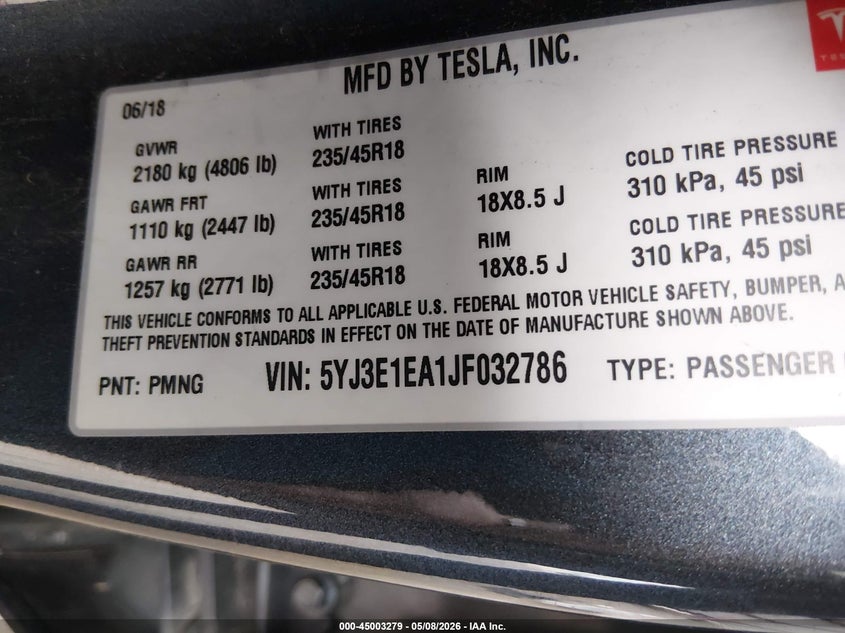 2018 Tesla Model 3 VIN 5YJ3E1EA1JF032786 IAAI salvage auction — RIGHT REAR, Salvage (Missouri), sold $2,525 on 2026-07-30 (photo 9)