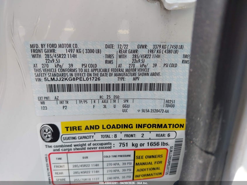 2023 Lincoln Navigator VIN 5LMJJ2KG8PEL01726 IAAI salvage auction — LEFT SIDE, Rebuildable (Florida), sold $18,800 on 2026-07-27 (photo 9)