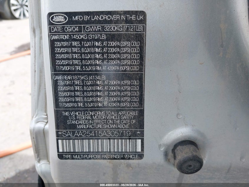 2005 Land rover Lr3 VIN SALAA25415A305719 IAAI salvage auction — VANDALISM, Salvage (New Mexico), sold $425 on 2026-07-13 (photo 9)