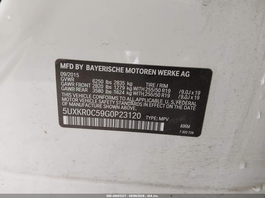 2016 BMW X5 VIN 5UXKR0C59G0P23120 IAAI salvage auction — FRONT END, Salvage (Tennessee), sold $3,150 on 2026-07-16 (photo 9)