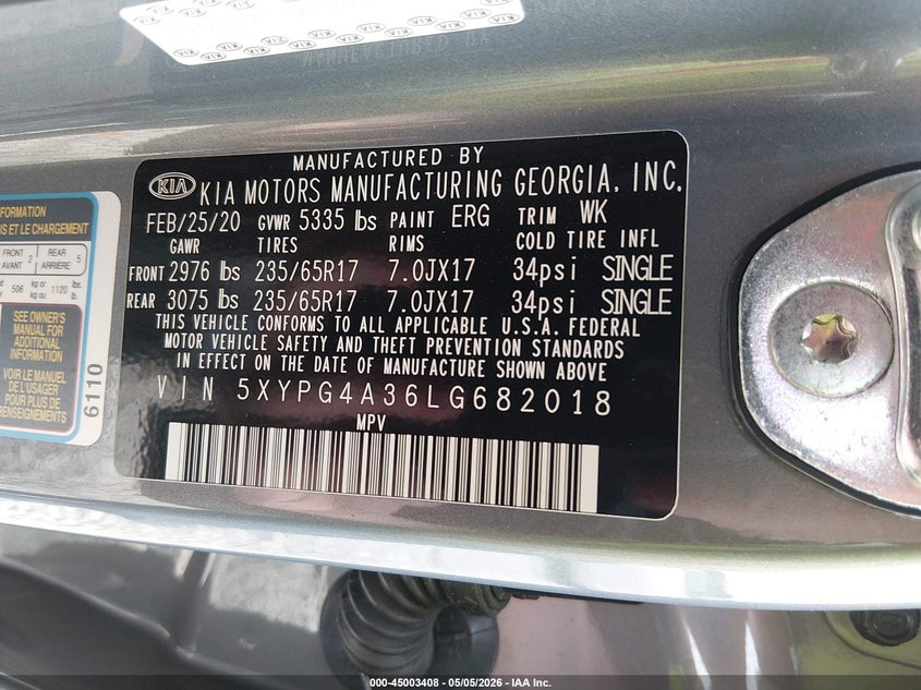 2020 Kia Sorento VIN 5XYPG4A36LG682018 IAAI salvage auction — Burn Engine, Salvage (Kentucky), sold $1,500 on 2026-07-15 (photo 9)