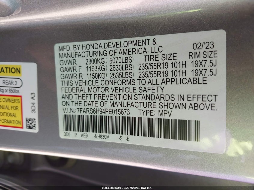 2023 Honda Cr-v VIN 7FARS6H94PE015673 IAAI salvage auction — HAIL, Salvage (Nebraska), sold $18,850 on 2026-07-23 (photo 9)