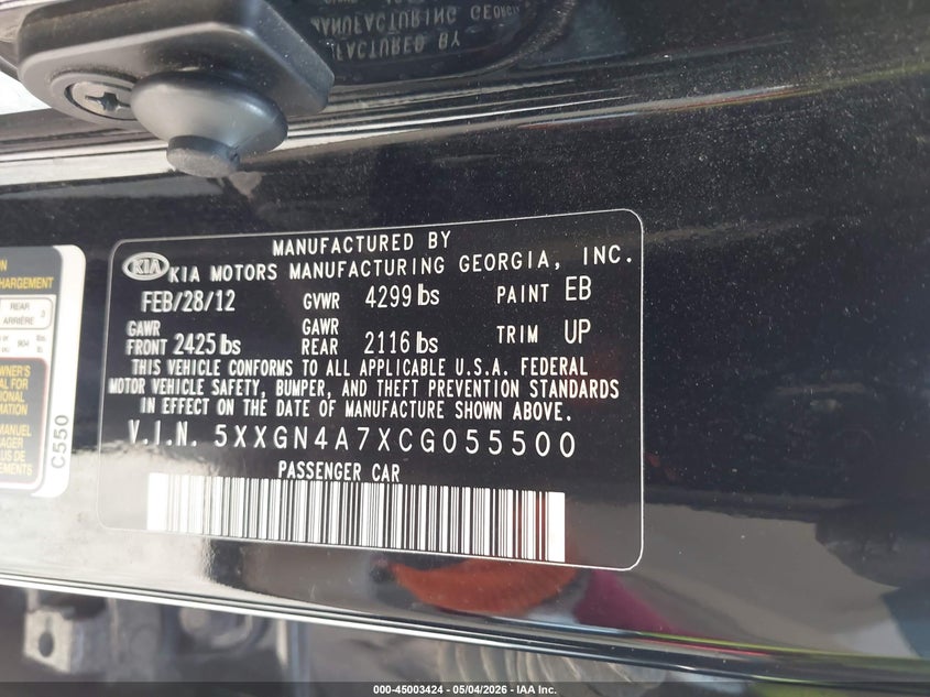 2012 Kia Optima VIN 5XXGN4A7XCG055500 IAAI salvage auction — FRONT END, Salvage (Texas), sold $25 on 2026-07-28 (photo 9)
