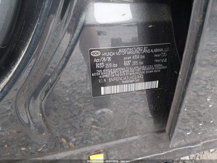 2020 Hyundai Sonata VIN 5NPEF4JA7LH051442 IAAI salvage auction — REAR END, Salvage (South Carolina), sold $2,900 on 2026-07-28 (photo 9)