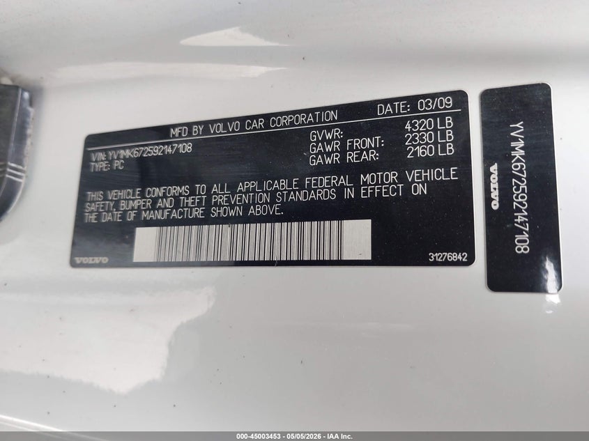 2009 Volvo C30 VIN YV1MK672592147108 IAAI salvage auction — LEFT & RIGHT, Non-Repairable (California), sold $100 on 2026-07-09 (photo 9)