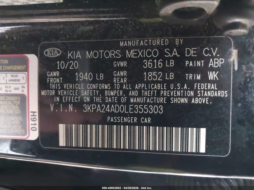 2020 Kia Rio VIN 3KPA24AD0LE355303 IAAI salvage auction — REAR END, Salvage (Texas), sold $1,900 on 2026-07-09 (photo 9)