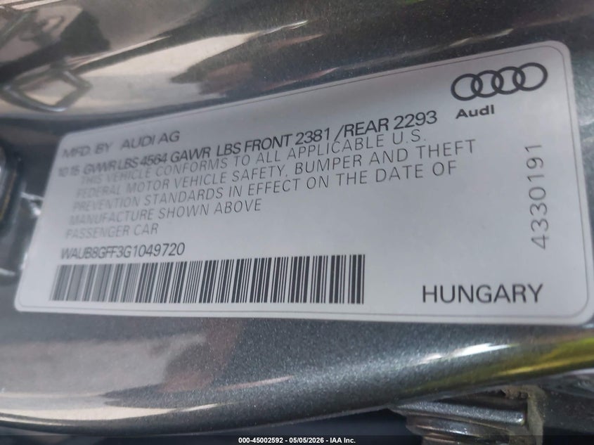 2016 Audi A3 VIN WAUB8GFF3G1049720 IAAI salvage auction — LEFT REAR, Clear (Massachusetts), sold $1,200 on 2026-07-10 (photo 9)