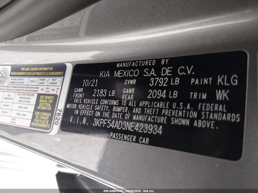 2022 Kia Forte VIN 3KPF54AD3NE423934 IAAI salvage auction — UNKNOWN, Salvage (Arizona), sold $5,300 on 2026-07-09 (photo 9)