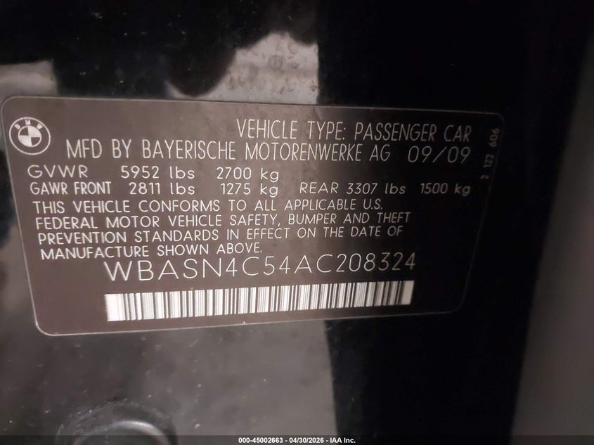 2010 BMW 5 series VIN WBASN4C54AC208324 IAAI salvage auction — LEFT SIDE, Prior Salvage (Minnesota), sold $1,400 on 2026-07-15 (photo 9)