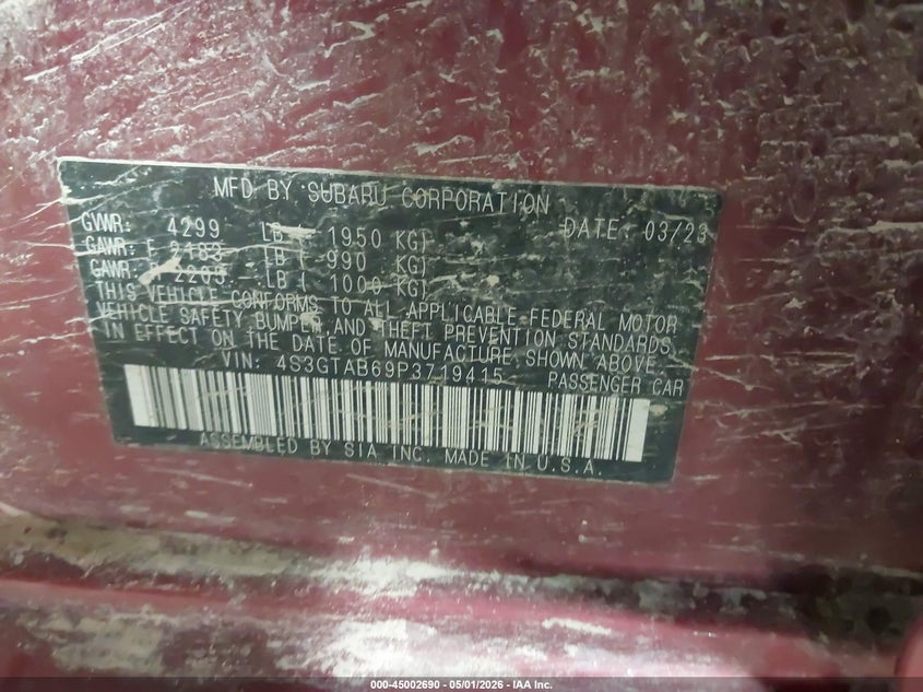 2023 Subaru Impreza VIN 4S3GTAB69P3719415 IAAI salvage auction — THEFT, Wait Title, sold $3,250 on 2026-07-21 (photo 9)