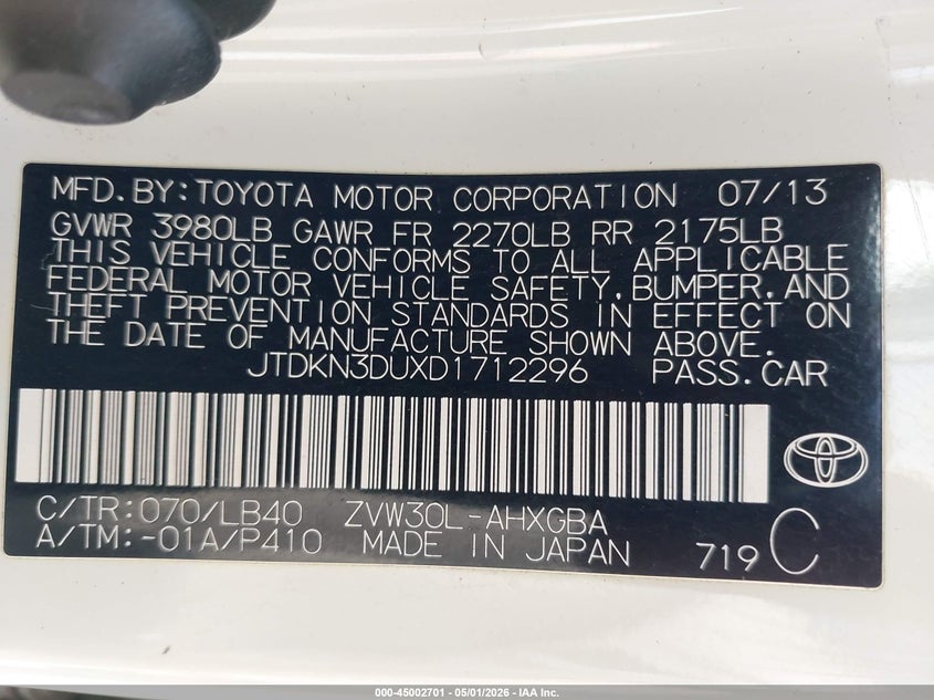 2013 Toyota Prius VIN JTDKN3DUXD1712296 IAAI salvage auction — LEFT REAR, Salvage (Oregon), sold $1,600 on 2026-07-29 (photo 9)