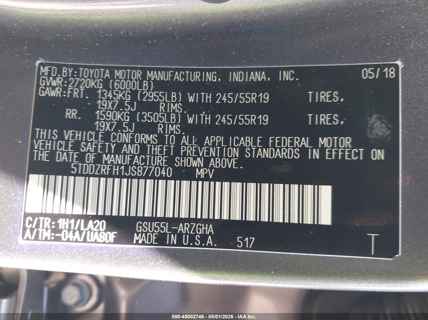 2018 Toyota Highlander VIN 5TDDZRFH1JS877040 IAAI salvage auction — FRONT END, Salvage - Greater Than 75% (Maryland), sold $25 on 2026-07-29 (photo 9)