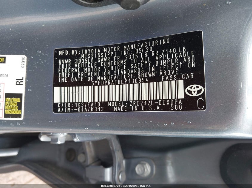 2020 Toyota Corolla VIN 5YFDPRAE8LP130954 IAAI salvage auction — LEFT SIDE, Wait Title, sold $5,500 on 2026-07-29 (photo 9)