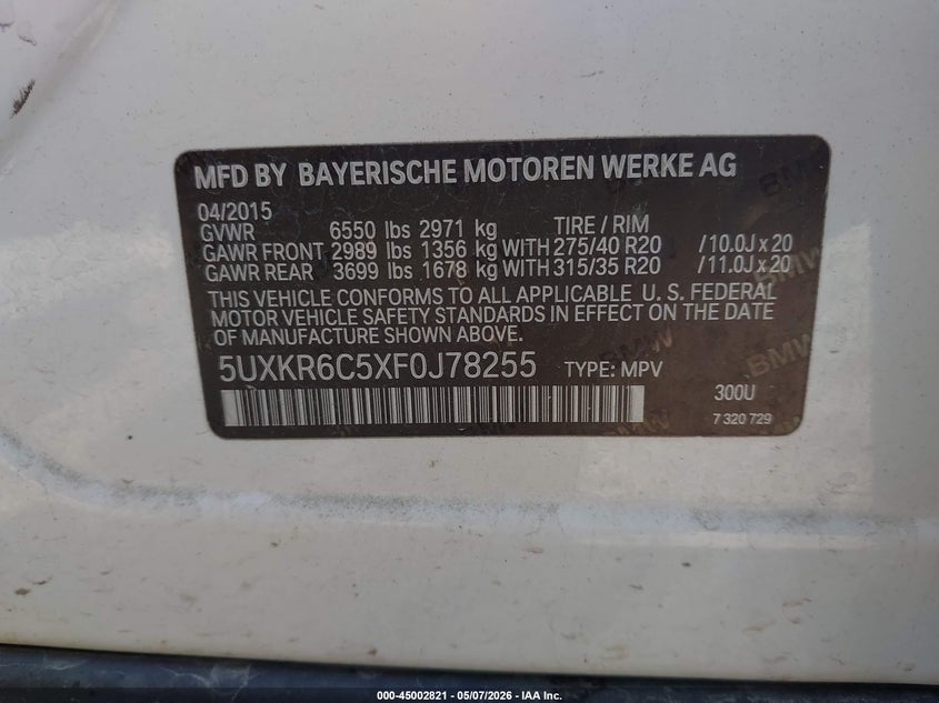 2015 BMW X5 VIN 5UXKR6C5XF0J78255 IAAI salvage auction — FRONT END, Salvage (Iowa), sold $4,675 on 2026-07-29 (photo 9)