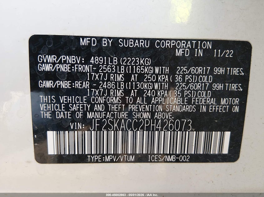 2023 Subaru Forester VIN JF2SKACC2PH426073 IAAI salvage auction — EXTERIOR BURN, Salvage (Kansas), sold $4,100 on 2026-07-31 (photo 9)